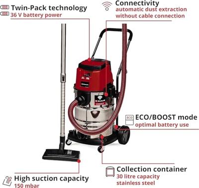 Einhell Professional TP-VC 36/30 S Auto-Solo 2347143 Nat- en droogzuiger 30 l Zonder accu, Zonder lader