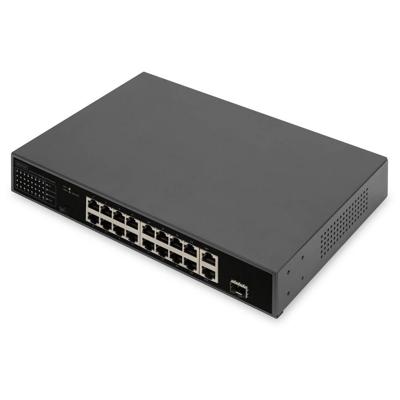 DIGITUS 18-poorts Fast Ethernet PoE netwerkswitch - 16x 100 Mbps RJ45 + 1x Gbps RJ45 combo + 1x SFP-poort - 19 inch - 185W PoE budget - 10/100 Mbps