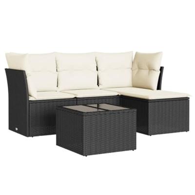 5-delige Loungeset met kussens poly rattan zwart - thumbnail