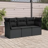 3-delige Loungeset met kussens poly rattan zwart - thumbnail
