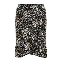 WE Fashion wikkelrok met bladprint en volant zwart - thumbnail