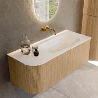 Mondiaz KURVE-DLUX 115 cm Onderkast Greeploos 1 Lade Met Deuren Oak, Wastafel Solid Surface Rechts Ostra 0 Kraangaten Zonder Spiegel (KRVBGS115L1L1D0KR-Oak/Ost) - thumbnail