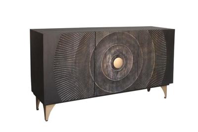 Handgemaakt dressoir GOLDEN SUNSET 140cm zwart met 3D houtsnijwerk goud mango hout metalen poten - 46658