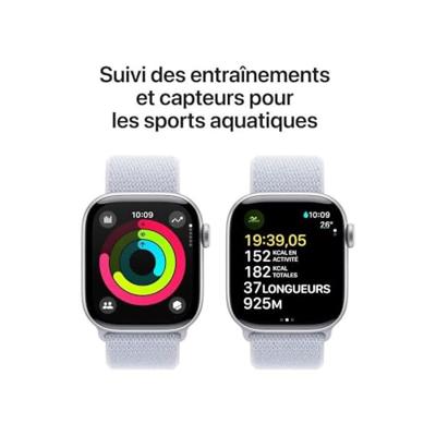 Apple Watch Series 10 (GPS 42 mm) Smartwatch - Kast van zilverkleurig aluminium - Ochtendblauw geweven sportbandje. Conditie bijhouden, Ecg-app, always on Retina-display, CO₂-neutraal