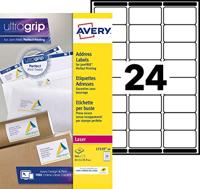 Avery L7159, Adresetiketten, Laser, Ultragrip, wit, 40 vellen, 24 per vel, 63,5 x 33,9 mm - thumbnail