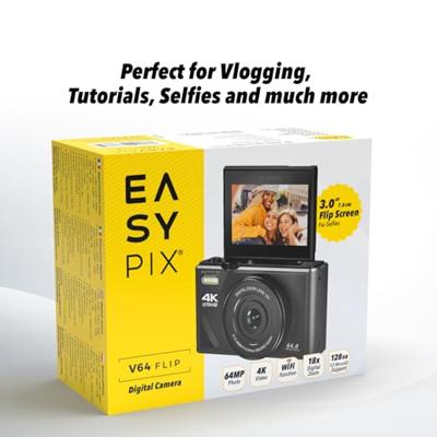 Easypix V64 Flip Digitale camera 13 Mpix Zwart Geïntegreerde accu, WiFi, 4K video, Full-HD video-opname - thumbnail