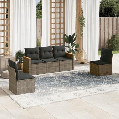 5-delige Loungeset met kussens poly rattan grijs