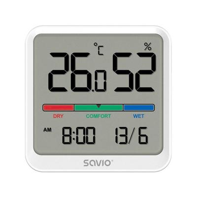 SAVIO Draadloos weerstation, temperatuur- en vochtigheidssensor, voor gebruik binnenshuis, LCD-scherm, klok, datum, handgreep met magneet, CT-01/W Wit SAVIO Draadloos weerstation, temperatuur- en vochtigheidssensor, voor gebruik binnenshuis, LCD-scherm, klok, datum, handgreep met magneet, CT-01/W Wit