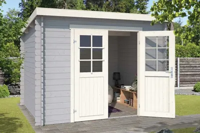 Outdoor Life Nadia Blokhut 295x195 cm 28 mm vuren Platinum Grey-Wit gecoat- Lessenaarsdak- - Outdoor Life