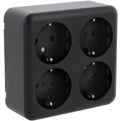 Q-LINK Mat Zwarte Opbouw Wandcontactdoos 4-voudig met Randaarde en Kinderbeveiliging