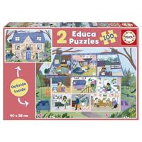 Puzzel 2 x 100 stukjes int/ext huis EDUCA meerkleurig - thumbnail