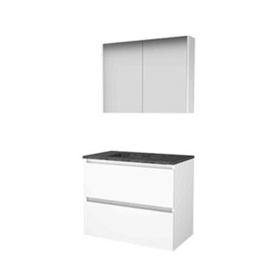 Basic-Line Comfort 46 Badkamermeubelset - 80 x 46 cm - Greeploos - 2 Lades - Hardstenen Wastafel - 1 Kraangat - Spiegelkast - Ice White