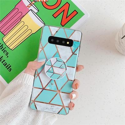 Voor Galaxy S10 plus plating kleurrijke geometrische patroon mozaïek marmer TPU mobiele telefoon geval met opvouwbare beugel (groen PF2)