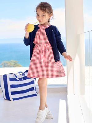 Meisjesjurk van seersuckerstof met ruches rood, geruit