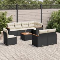9-delige Loungeset met kussens poly rattan zwart - thumbnail