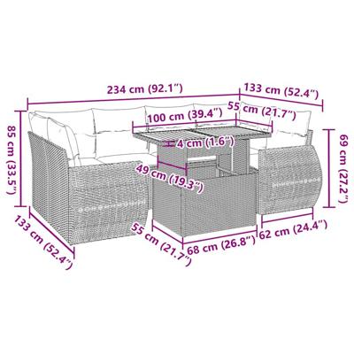 7-delige Loungeset met kussens poly rattan zwart