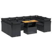 10-delige Loungeset met kussens poly rattan zwart - thumbnail