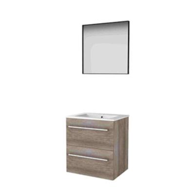 Basic-Line Framed 46 Badkamermeubelset - 60 x 46 cm - Met Grepen - 2 Lades - Keramische Wastafel - 1 Kraangat - Spiegel met Zwart Aluminium Frame - Scotch Oak