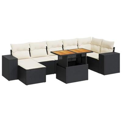 8-delige Loungeset met kussens poly rattan zwart