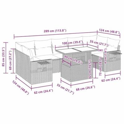 8-delige Loungeset met kussens poly rattan bruin