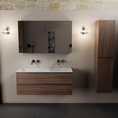 MONDIAZ AIVY 120cm badmeubel Mocha, wastafel Talc solid surface dubbel zonder kraangat met spiegelkast (AI-351651TALC-NO - AI-M120MODU - AI-C120MOMI)