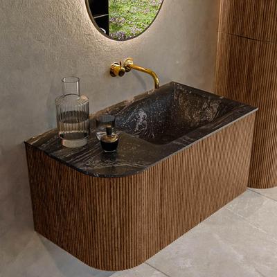 Mondiaz KURVE-DLUX 85 cm Onderkast Greeploos 1 Lade Met Deuren Walnut, Wastafel Solid Surface Rechts Lava 0 Kraangaten Zonder Spiegel (KRVCLO85L1L1D0KR-Wal/Lav)