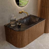Mondiaz KURVE-DLUX 85 cm Onderkast Greeploos 1 Lade Met Deuren Walnut, Wastafel Solid Surface Rechts Lava 0 Kraangaten Zonder Spiegel (KRVCLO85L1L1D0KR-Wal/Lav) - thumbnail