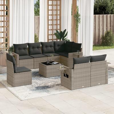 9-delige Loungeset met kussens poly rattan grijs
