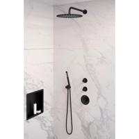 Mat zwarte thermostatische inbouw regendouche set met 30 cm douchekop en gebogen muurarm - thumbnail