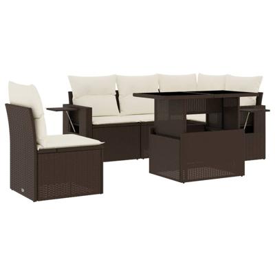6-delige Loungeset met kussens poly rattan bruin