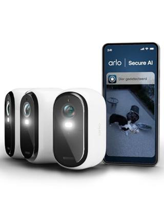 Arlo Essential 3 HD, WiFi-buitencamera, batterijduur 6 maanden, nachtzicht in kleur, licht, sirene, tweerichtingsaudio, 3 witte camera's