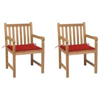 Tuinstoelen 2 st met rode kussens massief teakhout - thumbnail