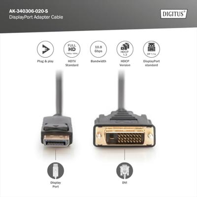 Digitus AK-340306-020-S DisplayPort-kabel DisplayPort / DVI Adapterkabel DisplayPort-stekker, DVI-D 24+1-polige stekker 2 m Zwart