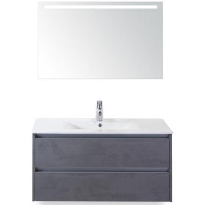 Dante Badmeubelset 100 cm - Beton Antraciet - Keramische Wastafel Wit Enjoy met Sence Spiegel