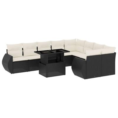 10-delige Loungeset met kussens poly rattan zwart - thumbnail