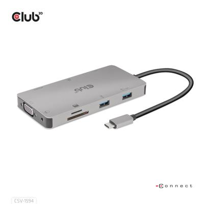 club3D CSV-1594 USB 3.1 Gen 1-hub 9 poorten Met ingebouwde netwerkaansluiting, Met ingebouwde SD-kaartlezer, Met USB-C stekker Zilver