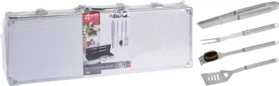 BARBECUEGEREEDSCHAPSET RVS 4 DLG, IN ALUMINIUM KOFFER 46X16X8CM