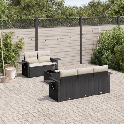 6-delige Loungeset met kussens poly rattan zwart