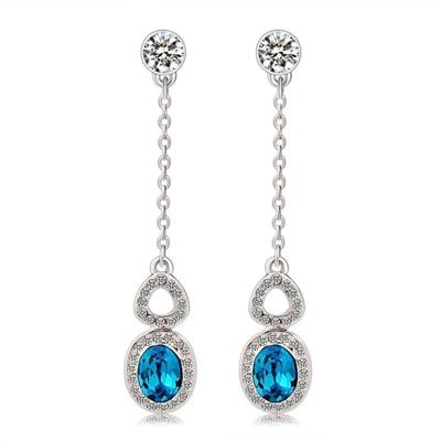 Verzilverd ingelegd helder kristal ketting met Zirkoon ingelegde blauw kristal oorbel