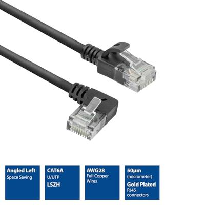 ACT Zwarte 2 meter U/UTP CAT6A LSZH slimline patchkabel met RJ45 connectoren. recht naar 90° haaks - thumbnail