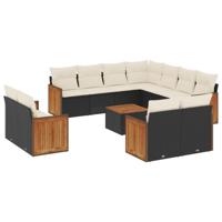 12-delige Loungeset met kussens poly rattan zwart - thumbnail