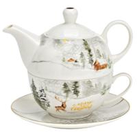 Set van 3 theepotten Winterbos met hertdecor, Vrolijk kerstfeest, van wit porselein, goudkleurig (B/H/D) 17x15x15 cm 200/450 ml - thumbnail