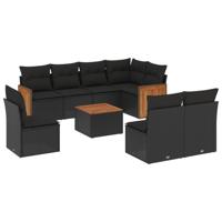 9-delige Loungeset met kussens poly rattan zwart - thumbnail