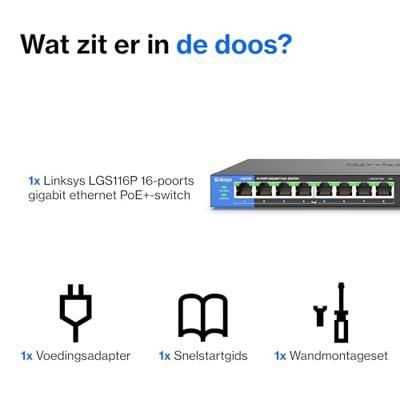 Linksys 16-poorts Gigabit PoE - desktopswitch (LGS116P) Linksys 16-poorts Gigabit PoE - desktopswitch (LGS116P)