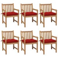 Tuinstoelen 6 st met rode kussens massief teakhout - thumbnail