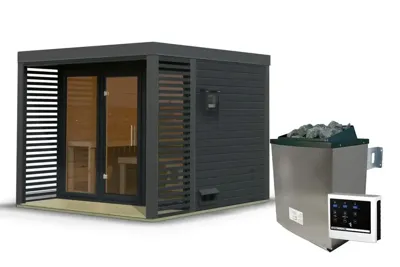 Karibu | Ares 3 Buitensauna | Antraciet-Antraciet | Kachel 9 kW Externe Bediening