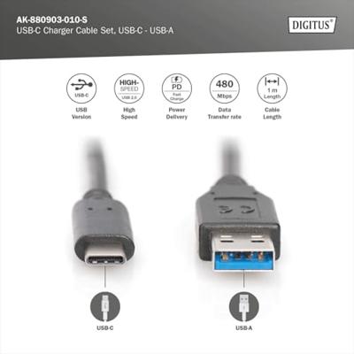DIGITUS USB 2.0 aansluitkabel - 3 stuks - 1,0 m - USB A (St) naar USB C (St) - 480 Mbit/s - verbindingskabel - zwart, USB 2.0-1,0 m - 3 stuks