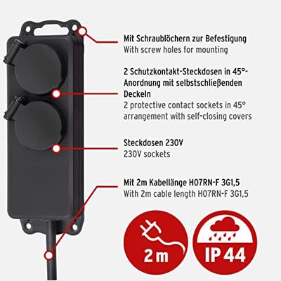 Brennenstuhl Stopcontactverdeler IP44 2-voudig zwart 2m H07RN-F 3G1,5 - 1159930