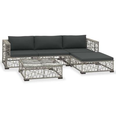 5-delige Loungeset met kussens poly rattan grijs