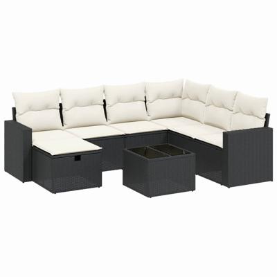 7-delige Loungeset met kussens poly rattan zwart - thumbnail